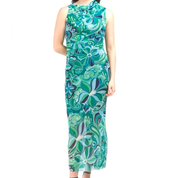 DONNA MORGAN NWT MESH MOCK NECK MAXI DRESS WHITE/GREEN SLEEVELESS SIZE 12 - Picture 3 of 10